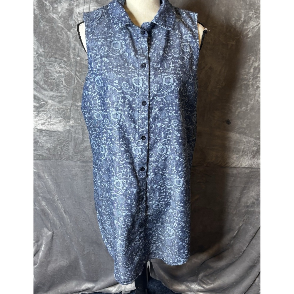 Project Dress Womes XL Blue Paisley Print Sleeveless Button Front Shirtdress‎